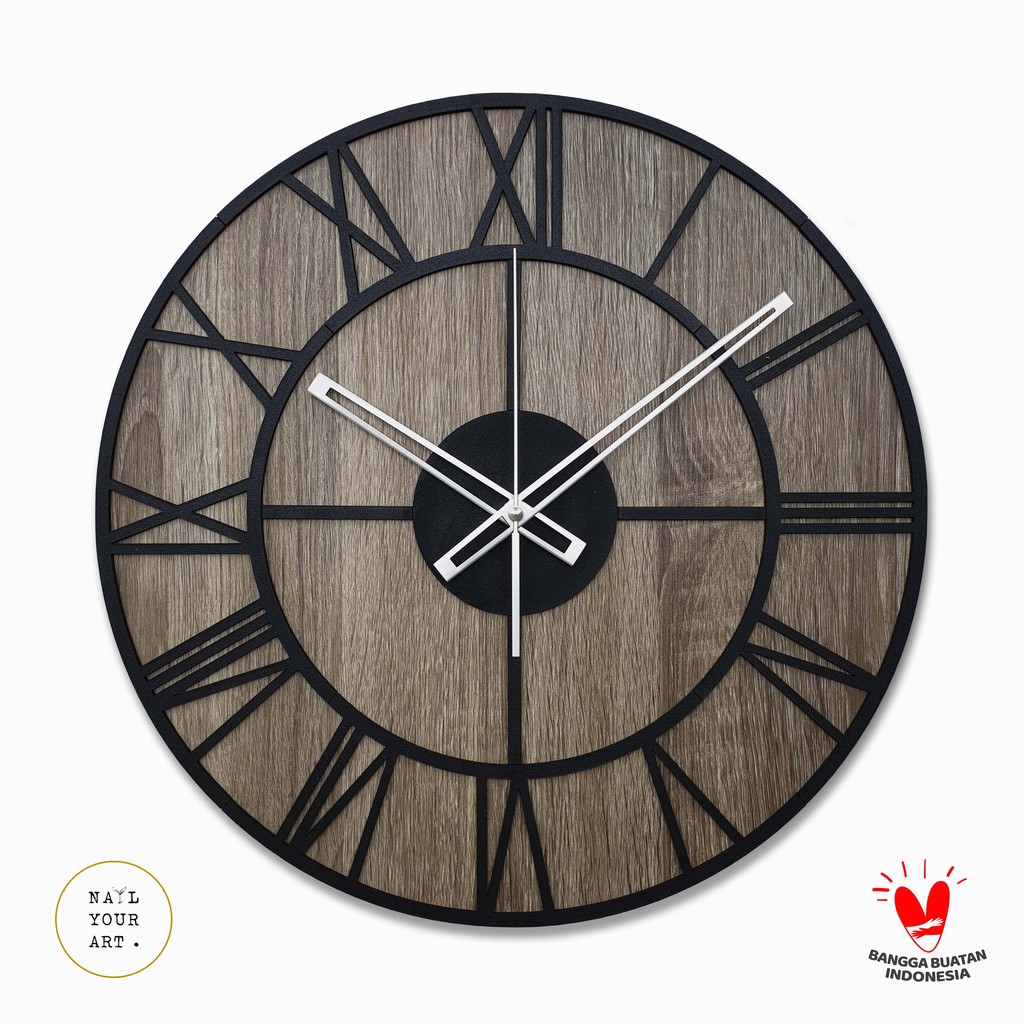 Jam Dinding Besar - OLD TOWN MOTIF - BLEACHED WOOD - Diameter 42 CM