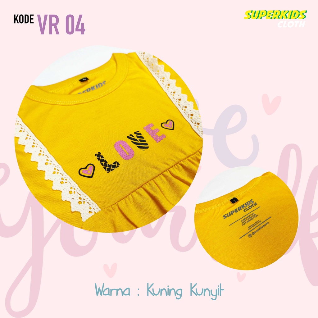 BAJU ANAK PEREMPUAN / KAOS ANAK PEREMPUAN / PAKAIAN ANAK CEWEK KAOS ANAK CEWEK LENGAN PANJANG VARIASI RAMPEL RUFFLE RENDA KUNING LOVE ECER GROSIR BRAND SUPERKSIDCLOTH 1 - 11 TAHUN