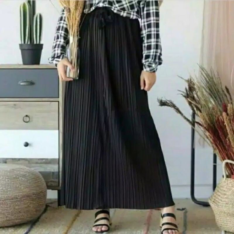 [BISA COD] Rok Plisket Tali Pita / Rok Plisket Panjang / Pleated Skirt Tali Lonceng