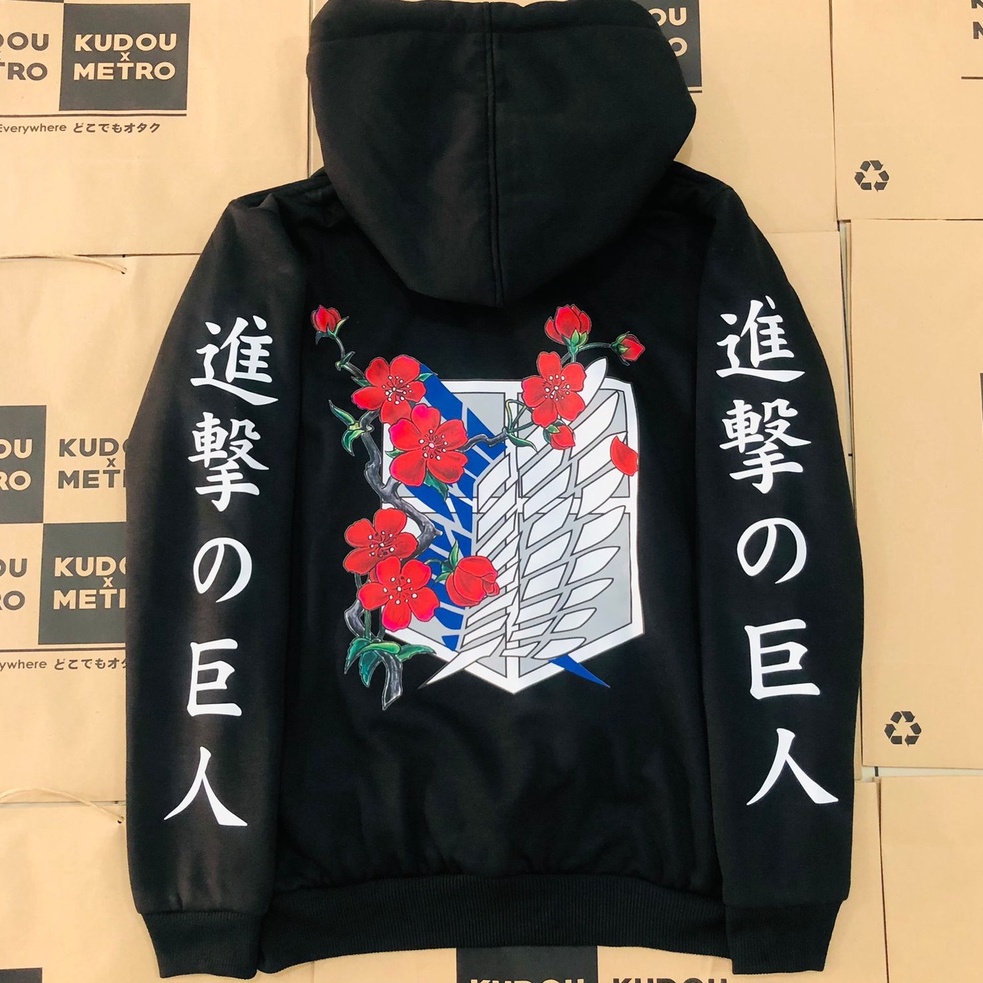 Hoodie SNK Logo Flower Black Anime Manga Attack On Titan Premium Unisex