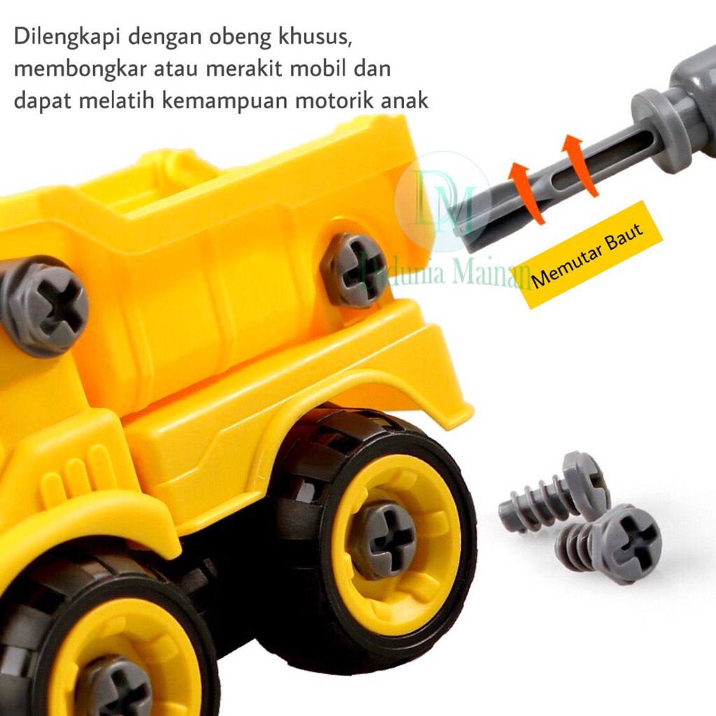 Mainan edukasi mobil mobilan mekanik anak laki laki DIY bongkar pasang truck konstruksi set isi 4 pcs