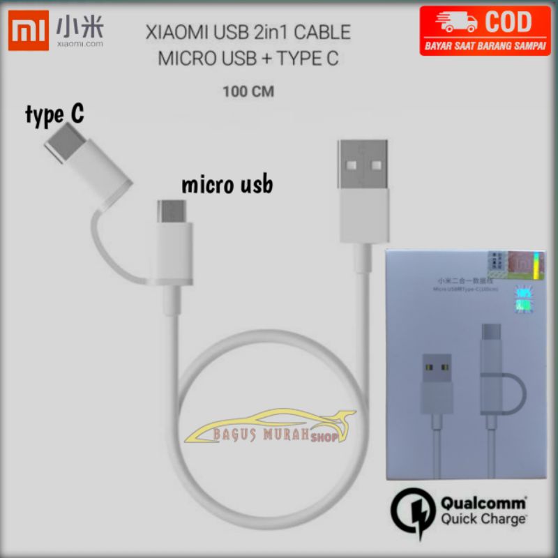 Kabel data charger Mi 2 in 1 Micro USB Type C 100cm / Kabel data mi 2 in 1 OriginaL