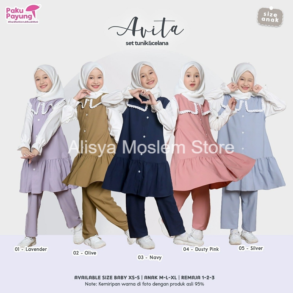 FASHION MUSLIM PO  AVITA PAKU PAYUNG - BAJU MUSLIM ANAK CEWEK - TUNIK ANAK SET CELANA KOREAN STYLE