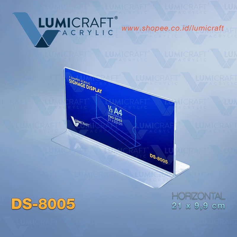 

Akrilik Display Nama Produk / Tent Card Acrylic Etalase model T ukuran "Sepertiga A4" Horisontal (21 x 9,9 cm) | Lumicraft DS-8005