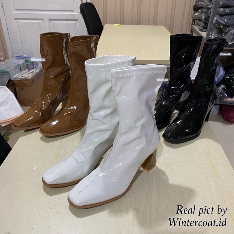 Ankle boots import wanita glossy jessica sepatu boot cewek korea fashionable heels