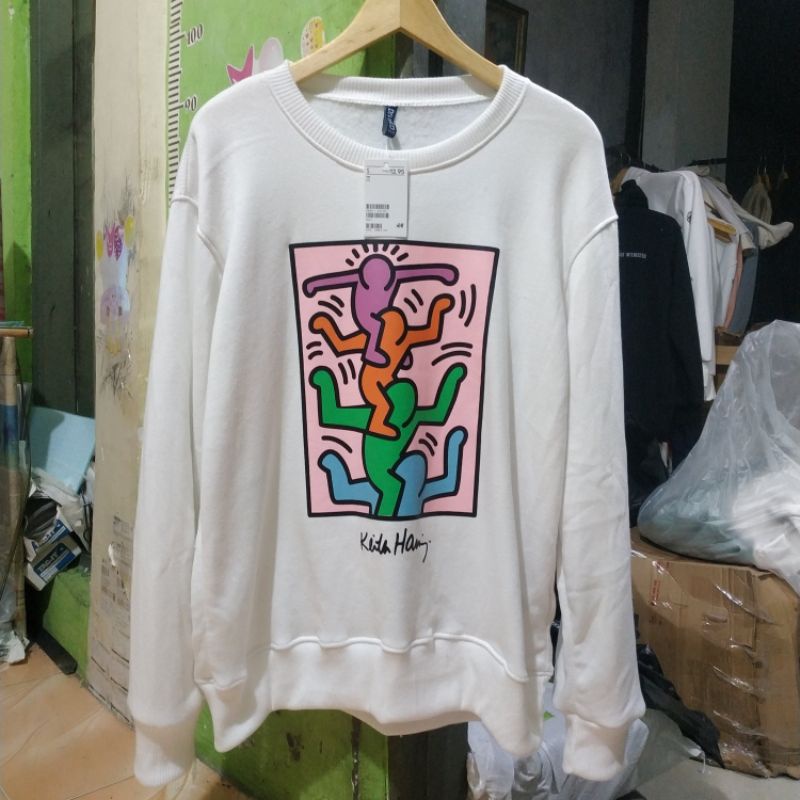 Crewneck Sweater H&amp;M HnM Keith Haring Putih White Wanita Cewek Pria Free Paper Bag