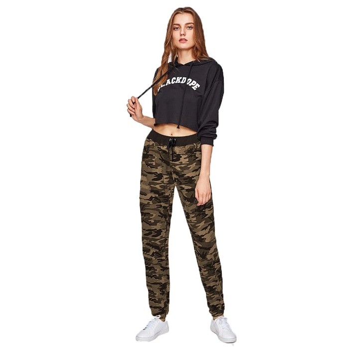 Limited Jfashion Celana jogger training Panjang wanita Corak Army Army Women Hijau Tua M