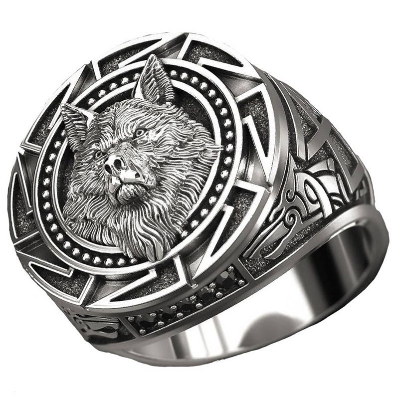 Cincin Desain Kepala Serigala Warrior Bahan Sterling Silver Gaya Punk Gothic Hip Hop Untuk Pesta