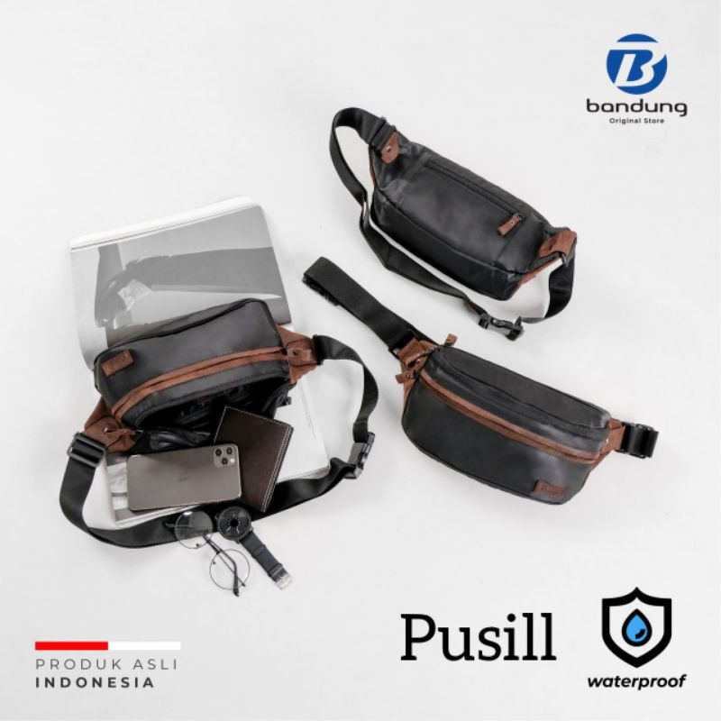 PUSIILL - Tas Salempang Pria Selempang Kulit Sapi Asli Kombinasi Cordura Waterproof Anti Air | Tas Slempang Premium