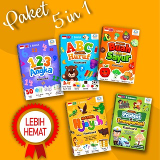 Paket FLASHCARD 5 in 1 Hemat Angka Huruf ABC Buah  