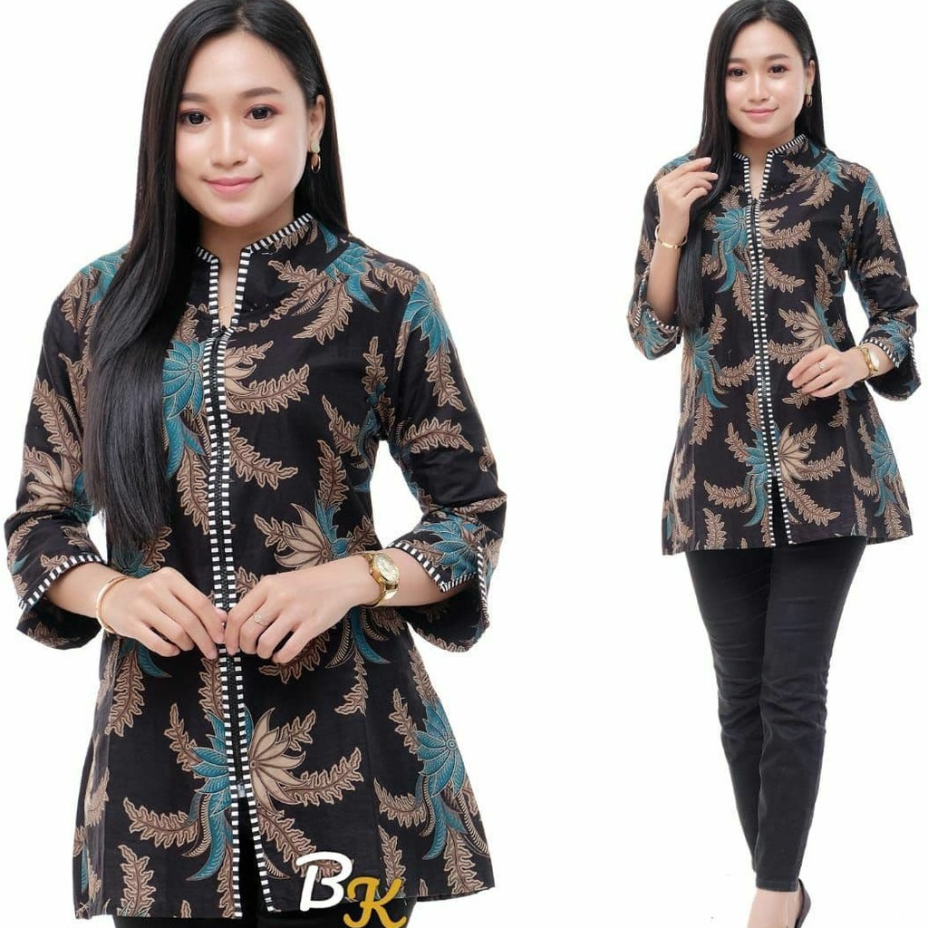 Atasan Batik Wanita Katun Dolbi Dobby Doby Tenun Sutra Tulis Halus Katun ATBM Baron ,Sarombit Atasan-ZIPER DAUNSUJI HITAM
