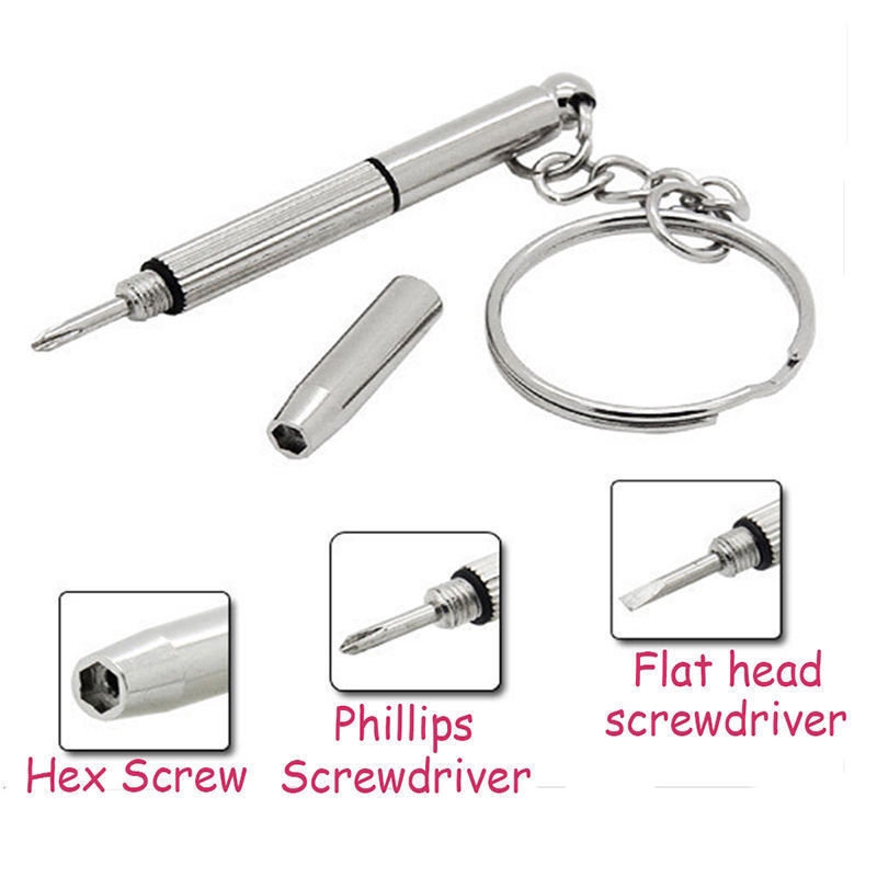 Gantungan Kunci Kacamata Hp 3in1 Obeng Mini Kunci Tas Mobil Portable Liontin Logam Aksesoris Keychain Repair Tools Silver