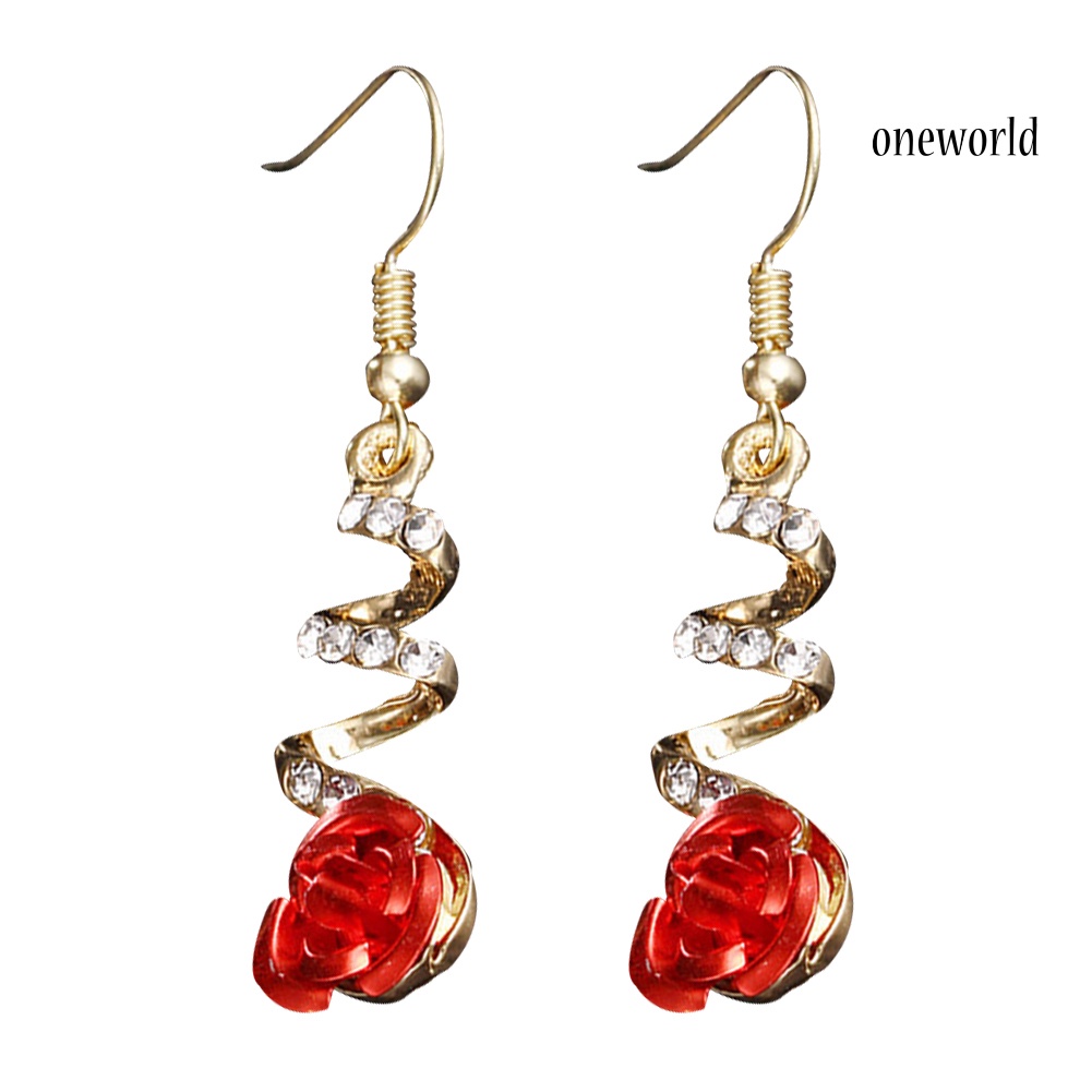 OW@ Women Fashion Red Rose Drop Rhinestone Spiral Dangle Hook Earrings Jewelry Gift