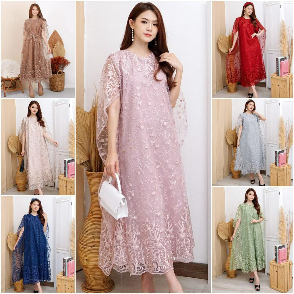 (ada RealPict) Long Dress Nagita Brukat Tille Bordir + Mutiara Gliter LongDress Batwing Brokat Premi