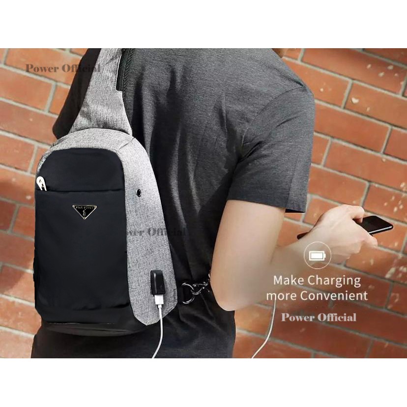 Polo Power - Tas Selempang Pria Anti Maling Slingbag Import USB - Smart Crossbody Bag Anti Thief USB