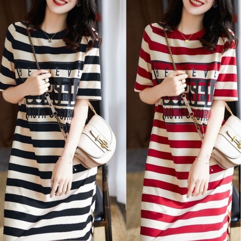 Gaun T-shirt bergaris-garis longgar dan ramping Rok Gaun Dress gaya Korea rok lengan pendek panjang