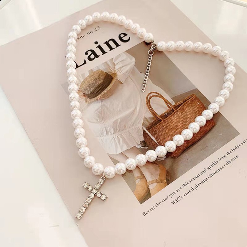Glitter Imitation Pearls Chain Vintage Artificial Diamond Cross Pendant Necklace Jewelry