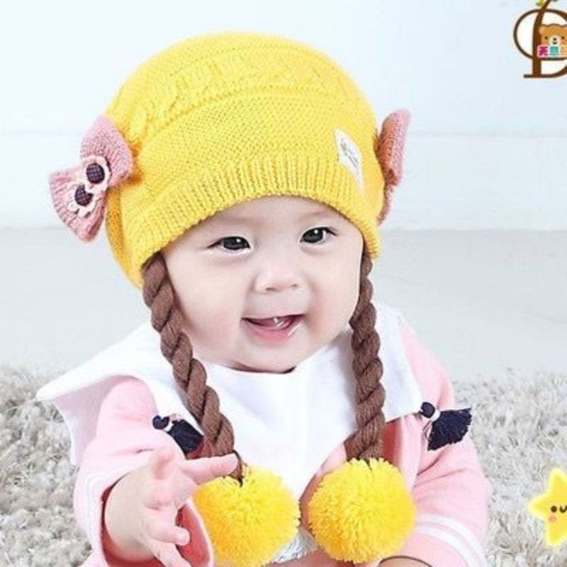 Topi kupluk rambut kepang motif pita/Baby hat wig/topi bayi rambut |Fashion