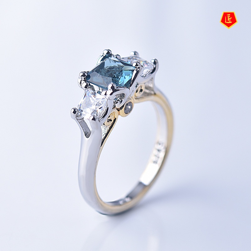 [Ready Stock]14K Gold Two-Color Navy Blue Topaz Square Diamond Ring for Women