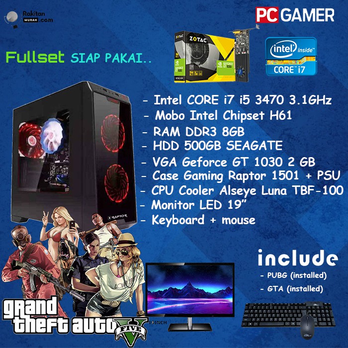 PC Gaming Fullset i5 3470 KOMPUTER CPU VGA GT 1030  2GB RAM 8GB LED 19'' E33