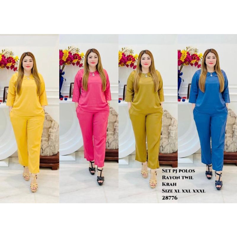 28776 Set Rayon Polos Panjang Krah Korea / Set Rayon Twill Celana Panjang / One Set Rayon