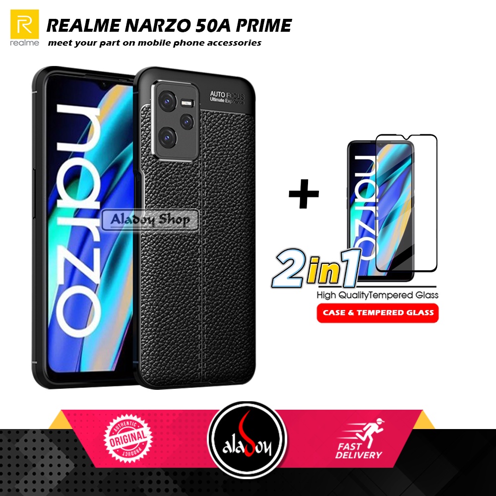 PAKET Case Autofocus Leather Free Tempered Glass Pelindung Layar Realme Narzo 50A Prime