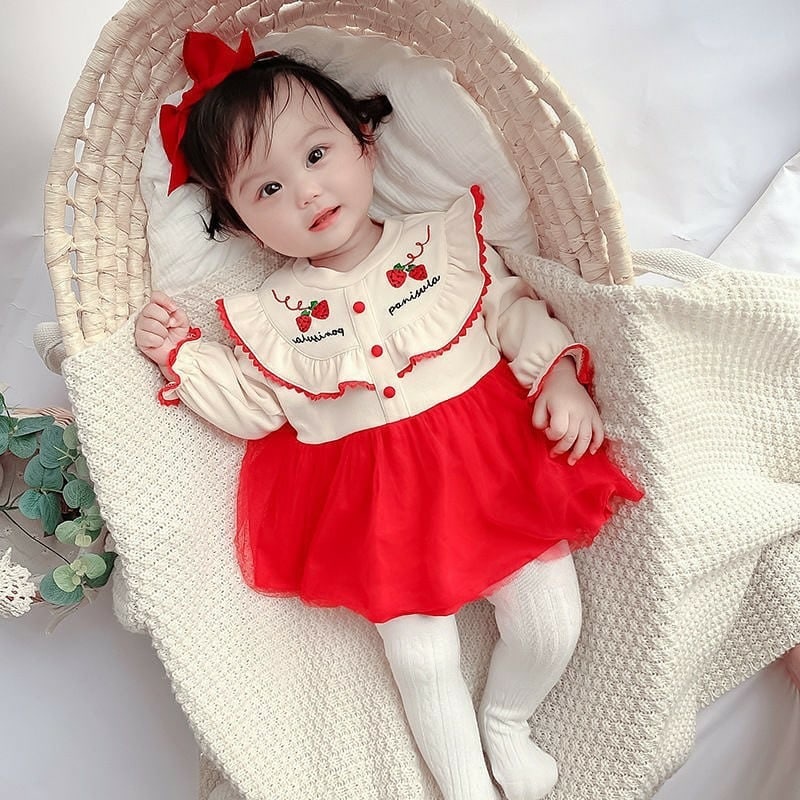 Promo !! Dress import baby cute / dress four strawberry pink renda ukuran 6bulan-2tahun / Dress anak perempuan