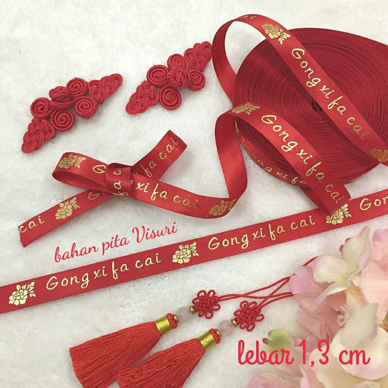 Pita Cina Imlek Gong Xi Fa Cai CNY Satin Sablon Gold 1,3 cm per yard(90 cm)