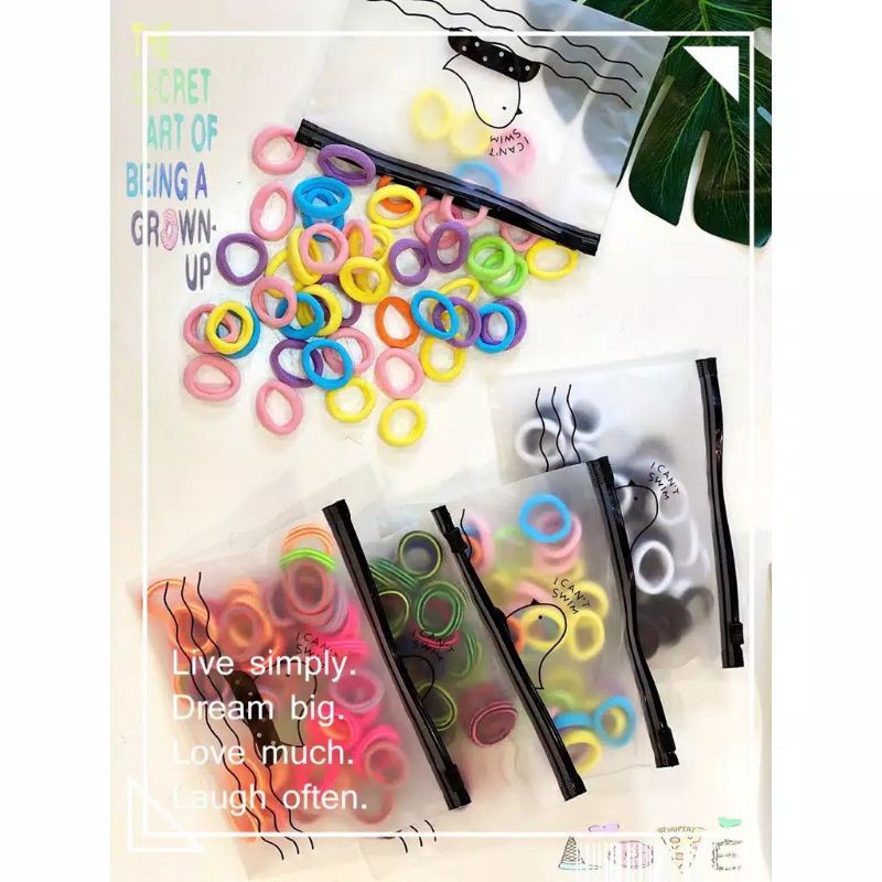 [ COD ] 100Pcs dan 50pcs Ikat Rambut + POUCH Lucu / Ikat Karet Donat Polos Warna Warni-5