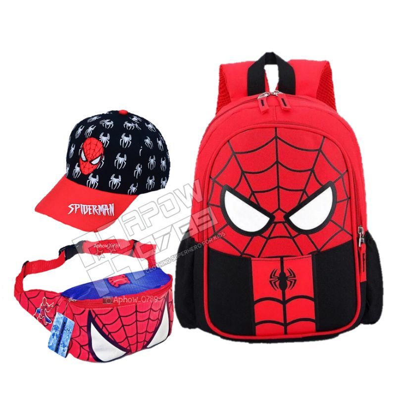 Tas ransel dinir /motif Spiderman / Ransel sekolah anak laki-laki TK/SD FREE Waistbag dan topi baseball anak