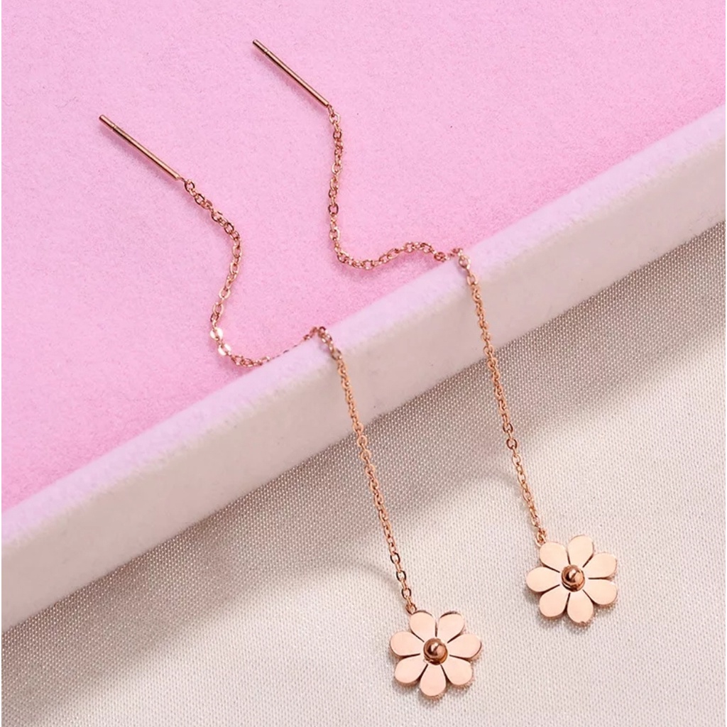 Anting Drop Titanium Aksen Bunga Warna Steel Rose Gold