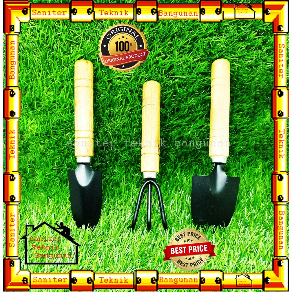 ALAT BERKEBUN SET 3 SEDANG GAGANG KAYU-GARDEN TOOLS-ALAT KEBUN-ALAT TAMAN-SEKOP-GARUKAN