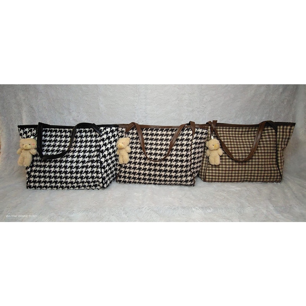 JK 936 1KG MUAT 2PCS TAS TOTE BAG WANITA AESTHETIC IMPORT MOTIF HOUNDSTOOTH FREE BONEKA LUCU FASHION T3057 E6716 U4395