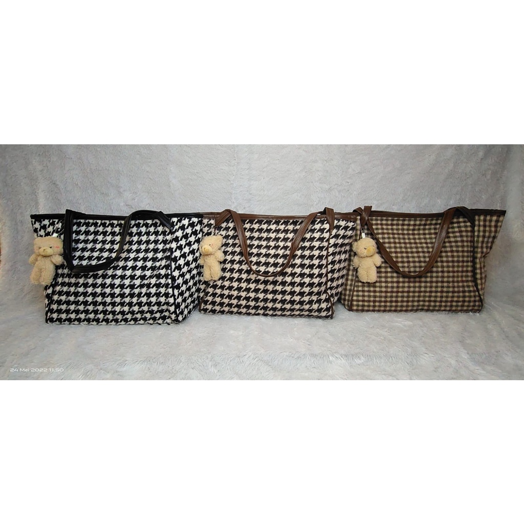 JK 936 1KG MUAT 2PCS TAS TOTE BAG WANITA AESTHETIC IMPORT MOTIF HOUNDSTOOTH FREE BONEKA LUCU FASHION T3057 E6716 U4395