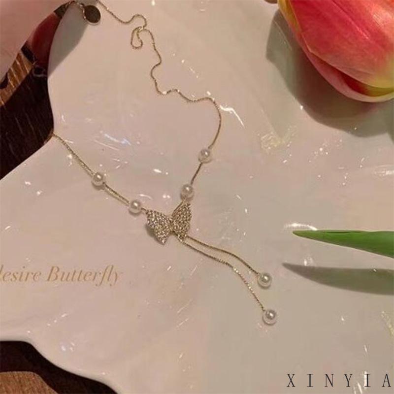 【Bayar di tempat】Kalung Choker Rantai Klavikula Hias Manik-Manik Kupu-Kupu Kristal Mutiara Untuk Wanita