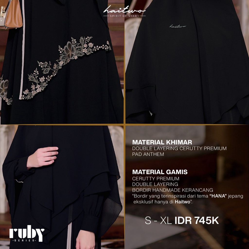 Haitwo Ruby Series 03 Gamis Hitam Putih Syari Muslimah Modern Bahan Ceruty Premuim Model Terbaru