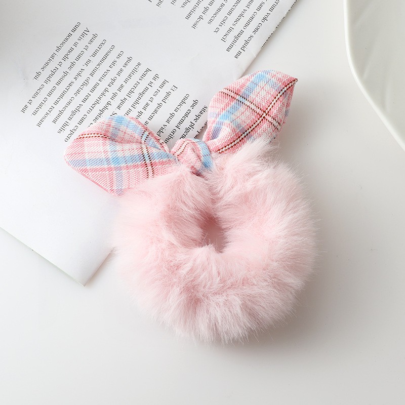 OVERFLOWS.ID Ikat Rambut Bulu Korean Style Ikat Rambut Cepol Ponytail Scrunchies Pita Import-Pink Muda