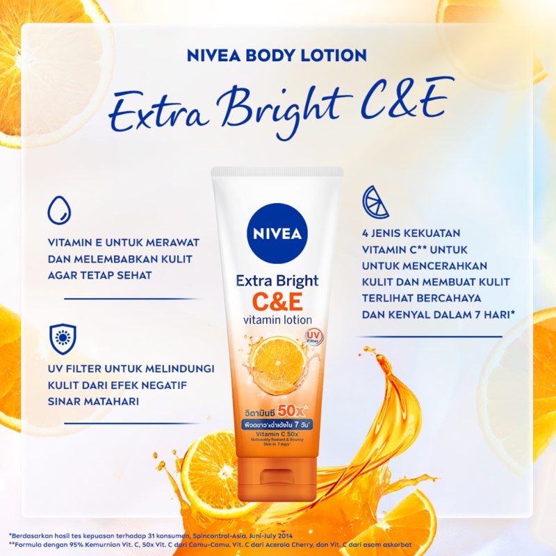 NIVEA Extra Bright C&amp;E Vitamin Body Lotion 180mL - 50x Vitamin C Kulit Cerah Bercahaya dalam 7 hari - Handbody Hanbody Hand Handbodi Hanbodi Bosy Serum Losion Hand Han Bodi Tangan Kaki Badan Skincare C &amp; E CE 180 ml