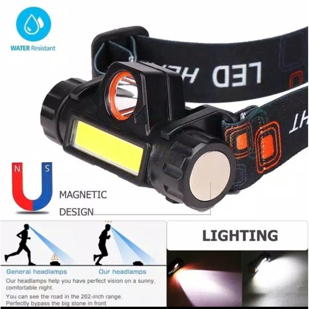 Lampu Senter Kepala Led /  HeadLamp LED 12000LM XPE + COB Anti Air Rechargeable USB