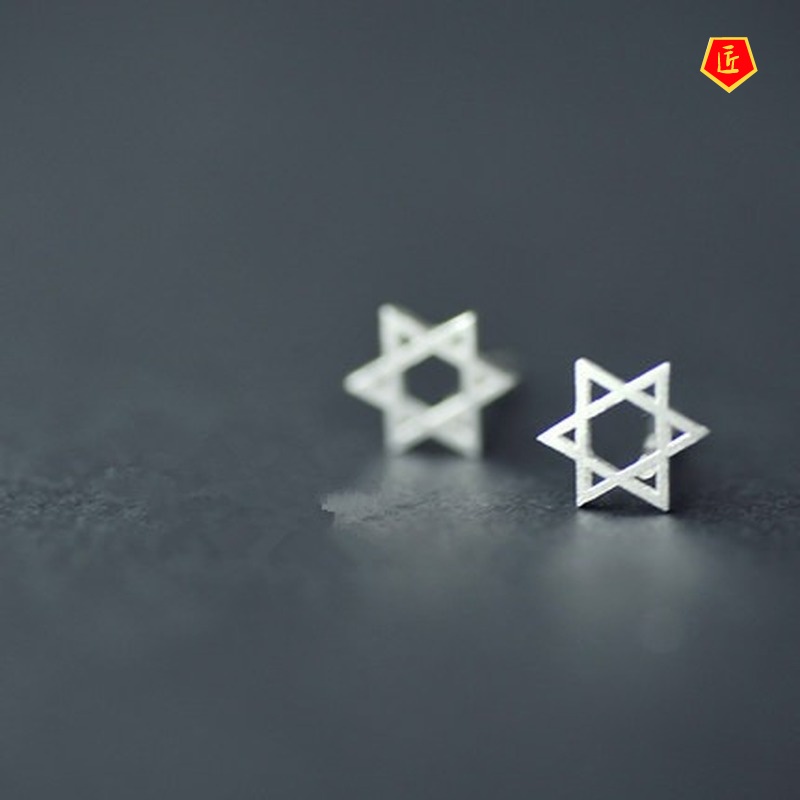 [Ready Stock]Fashion Six-Pointed Star Hollow Silver Stud Earrings for Women