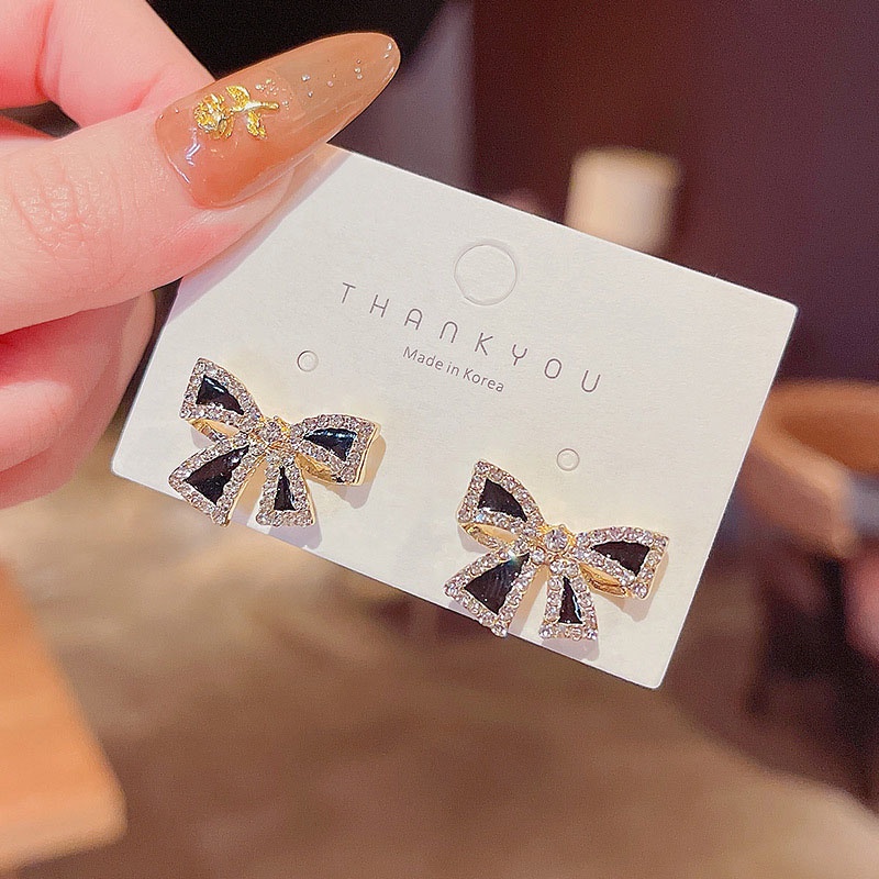 Shuling S925 silver needle Korean version Black Bow Earrings Female Stud Earrings Sweet Women Earrings