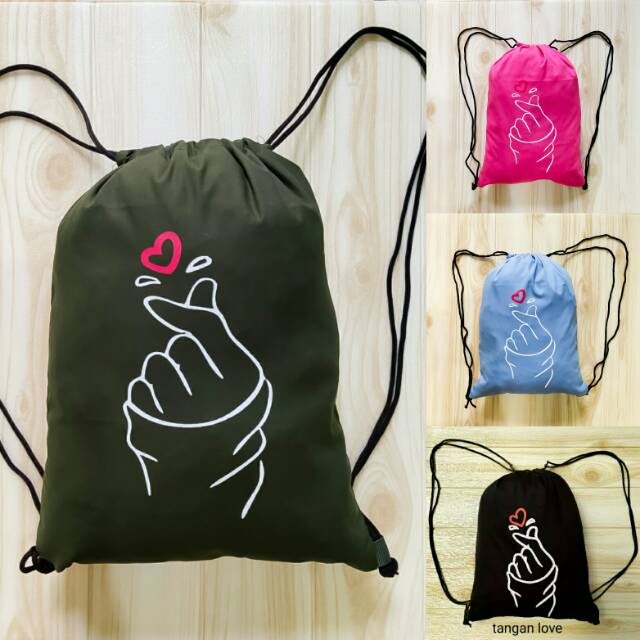 STRINGBAG TAS RANSEL SERUT SABLON | korean style bahan drill TANGAN LOVE  Saranghaeyo