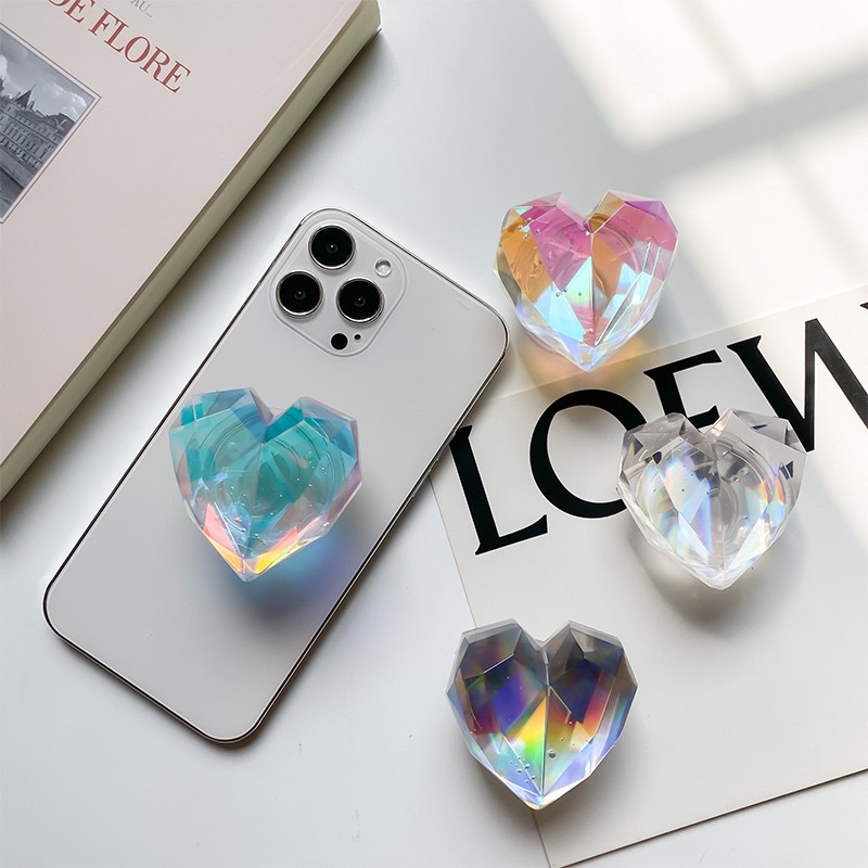 Pink Hologram Crystal Heart Popsocket Phone Holder Pegangan HP