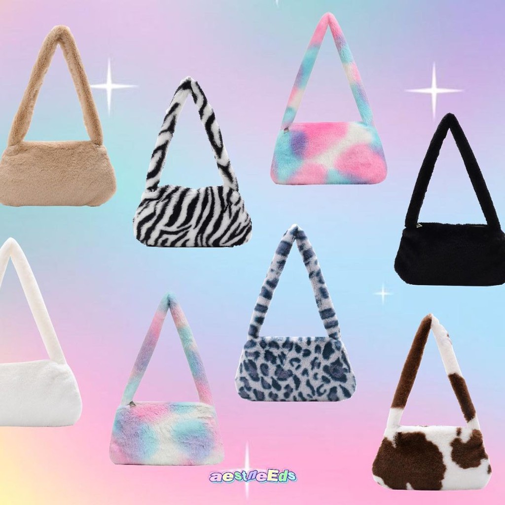 LEA MINI BAG AESTNEEDS Y2k Aesthetic Bag Fur Fluffy Animal Shoulder Bag Tas Bulu Cow Bag