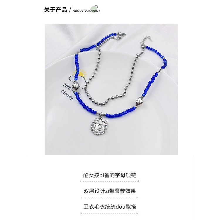 Klein Biru beaded kalung pria dan wanita double layer twin tidak teratur ornamen fashion