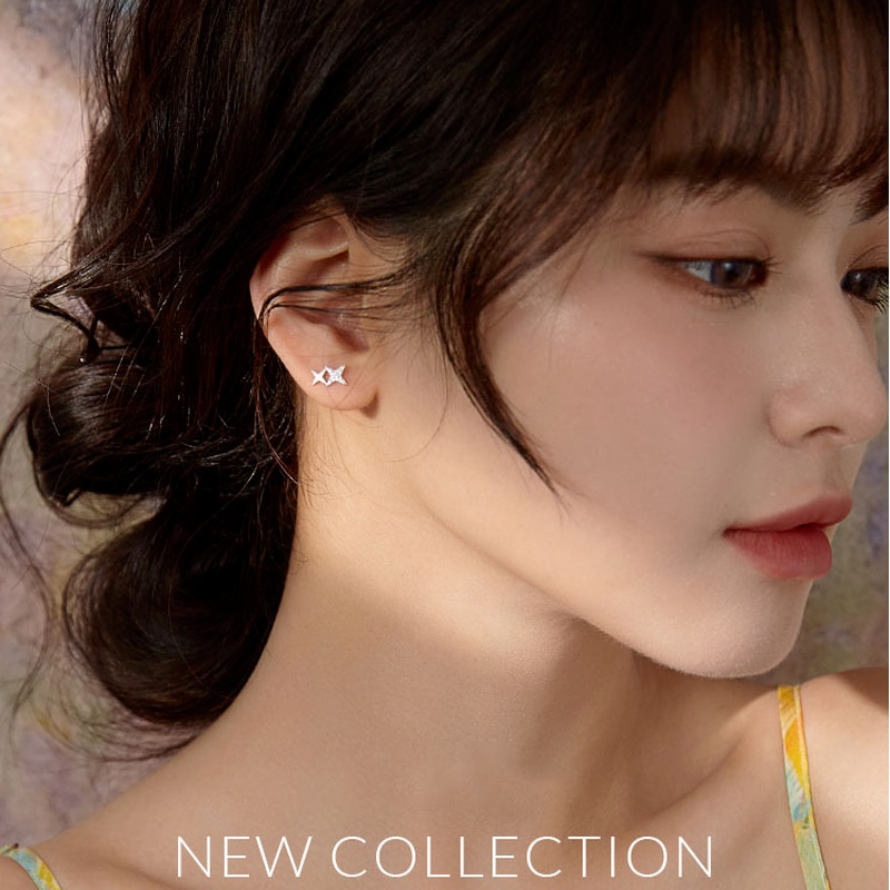 Roselife S925 Perak Bersinar Kristal Salib Double Star Stud Earrings Untuk Wanita Perempuan Korea CZ Telinga Perhiasan 1pasang