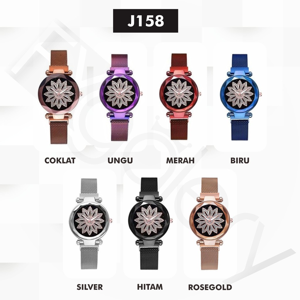 FYGALERYSURABAYA J158 Jam Tangan Perempuan Motif Bunga Glitter Rantai Magnet Woman Flower Watch Fashion