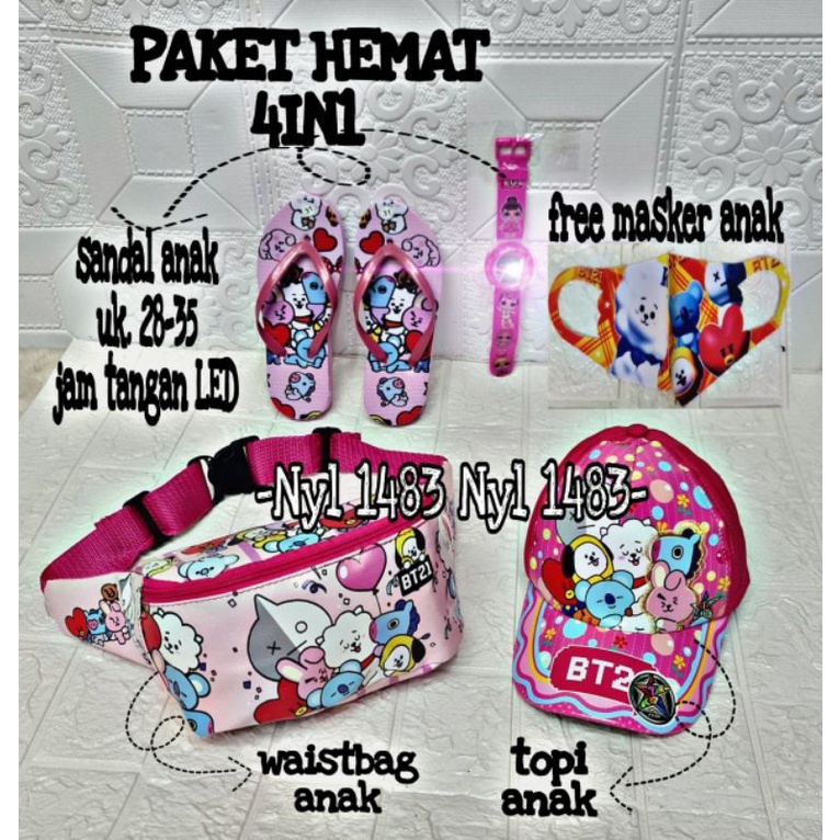 REAL PICT | paket hemat 4in1 tas selempang anak waistbag free topi / sandal / jam tangan