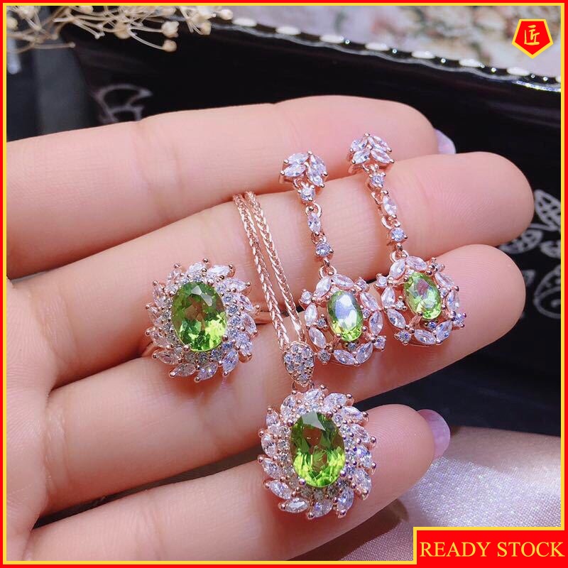 [Ready Stock]Olivine Colored Gems Pendant Full-Jeweled Stud Earrings Open Ring Set