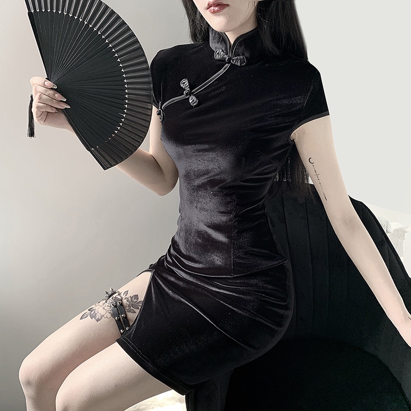 [Goth Story] Bodycon Sexy Velvet Mini Dress Wanita Model Cheongsam 8477 (S/M/L)